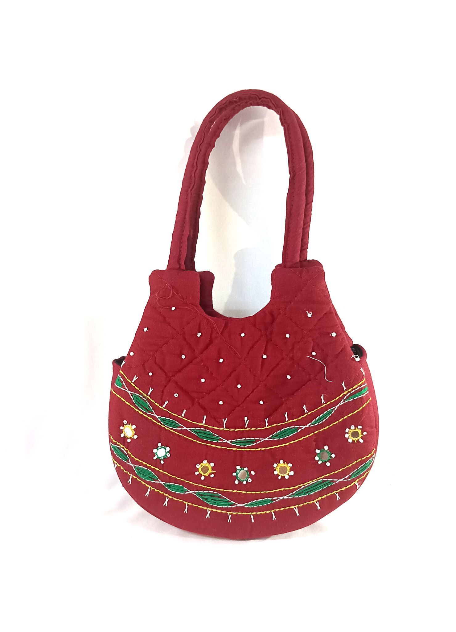 Maroon Hand Embroidered Cotton Bag with Mirror Work