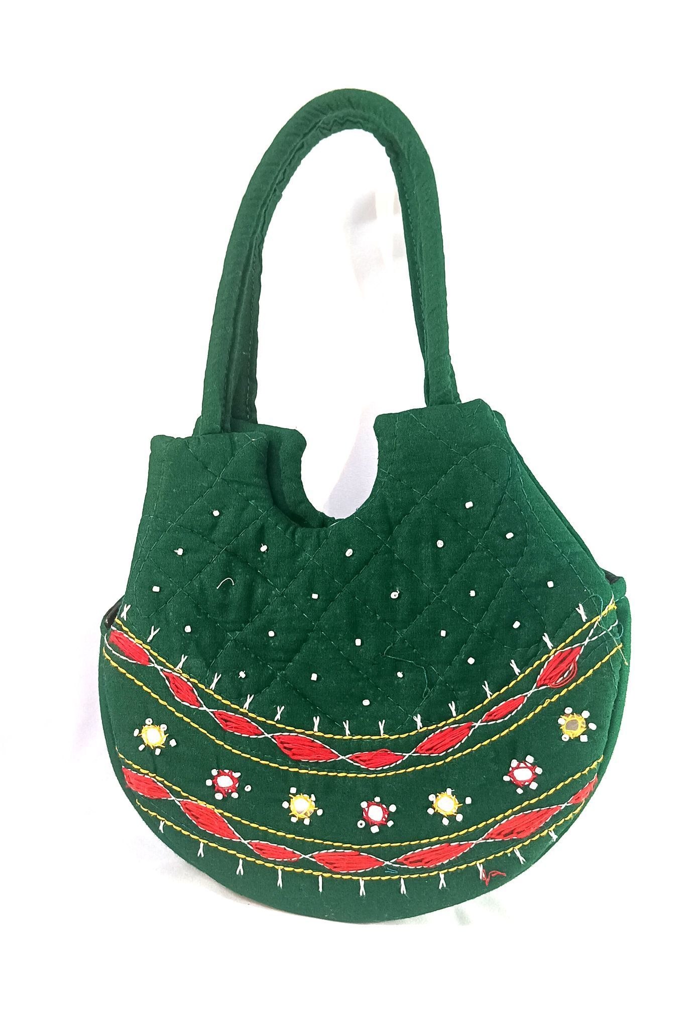 Handmade Green Cotton Fabric Potli Bag with Red Embroidery and Mirror Work