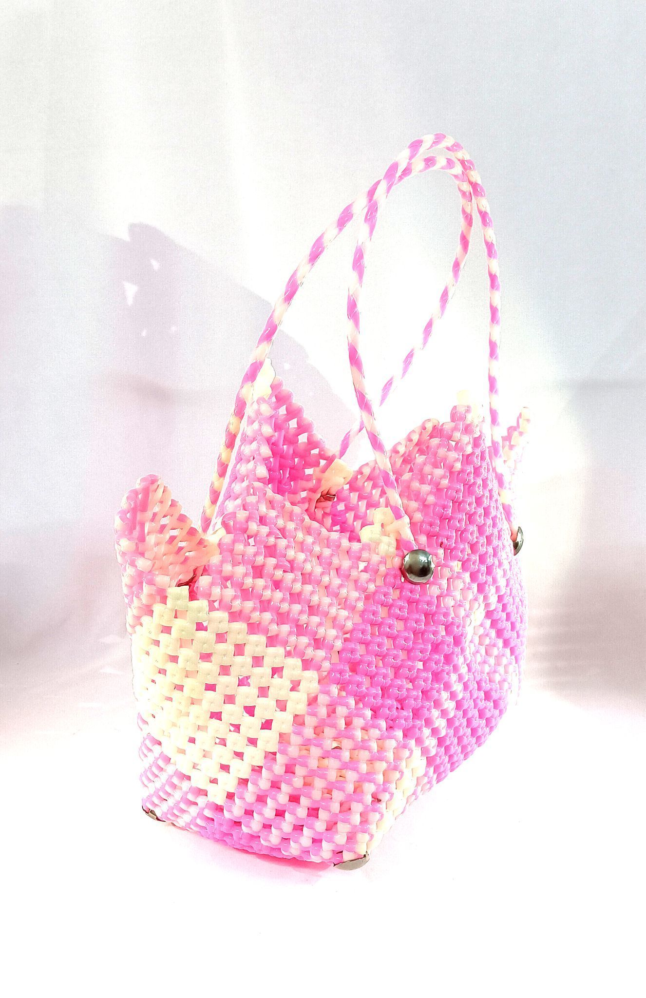 Beaded Handbag with Pink and White Checkered Pattern
