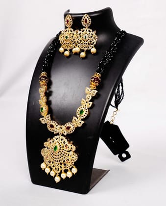 **Indian Traditional Gold Plated Kempu Stone Necklace Set With Black Beads** **Indian Traditional Gold Plated Kempu Stone Necklace Set With Black Beads**