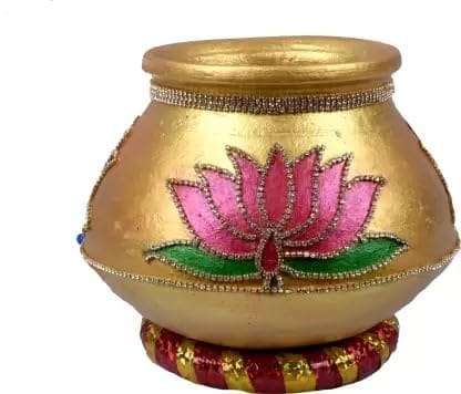 Handcrafted Golden Matka with Pink Lotus Design - Perfect for Weddings, Festivals, and Home Decor