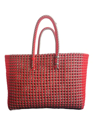 Red and Brown Handwoven Straw Tote Bag