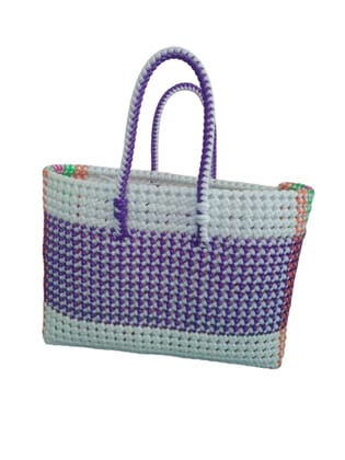 Handwoven Purple & White Plastic Tote Bag