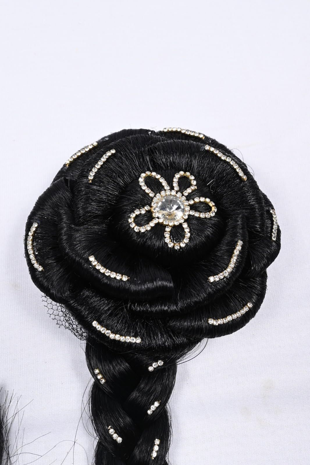 Black Rose Hair Bun with Rhinestone Hairpin