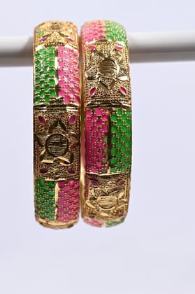 Gold-Plated Pink and Green Bangle Set with Stone Detailing