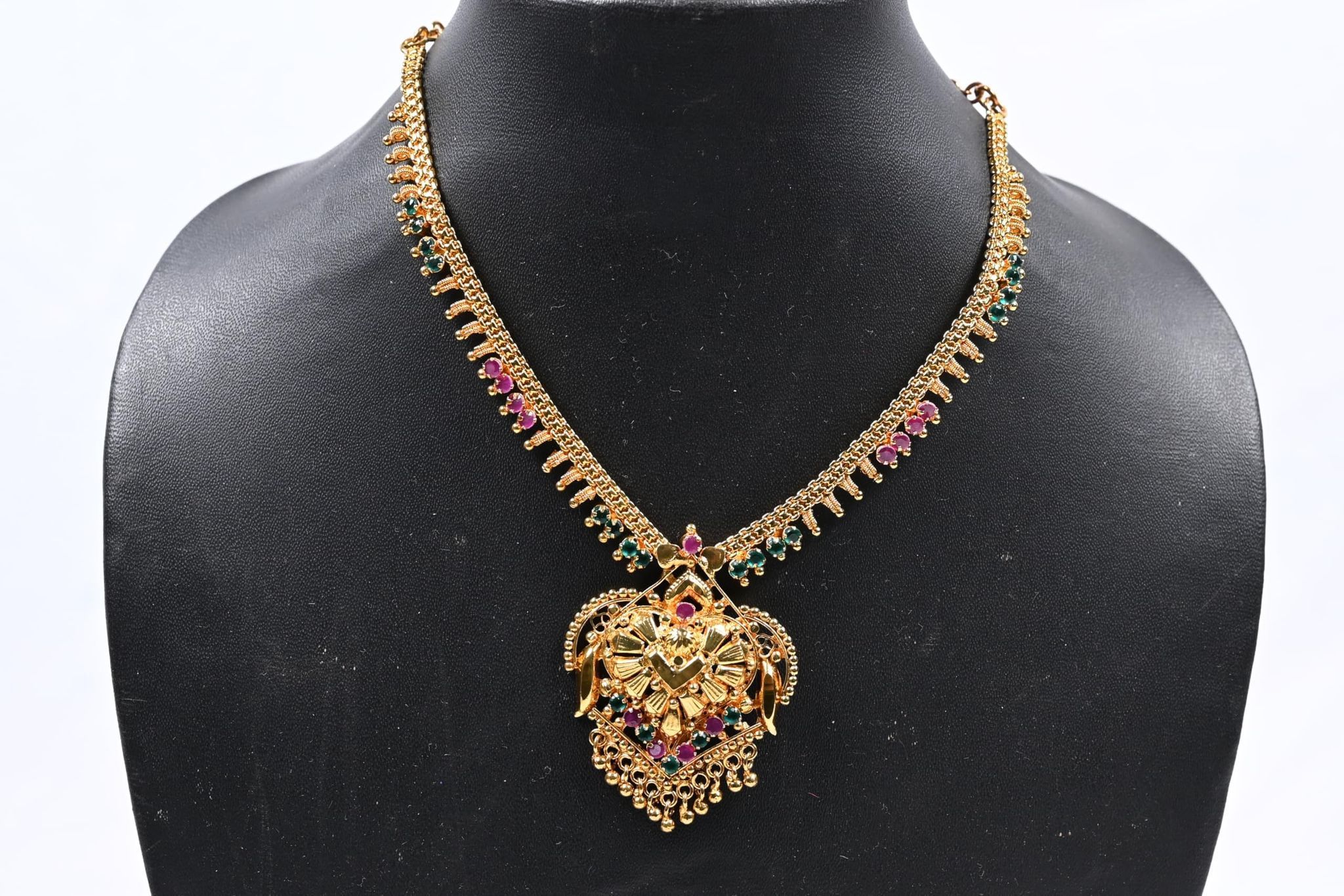 22K Gold Necklace with Ruby and Emerald Stones