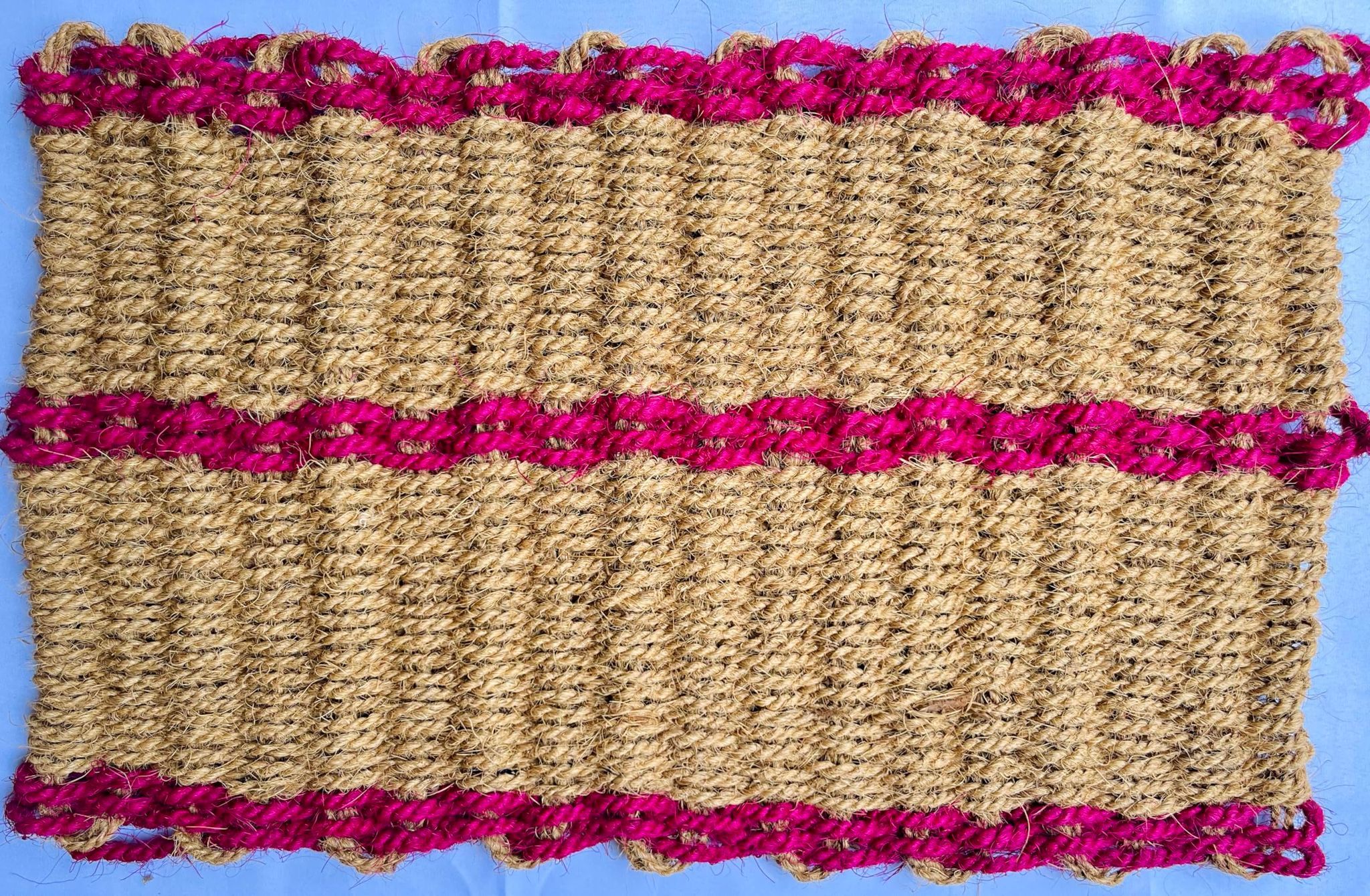 Handmade Natural Coir Door Mat with Pink Border