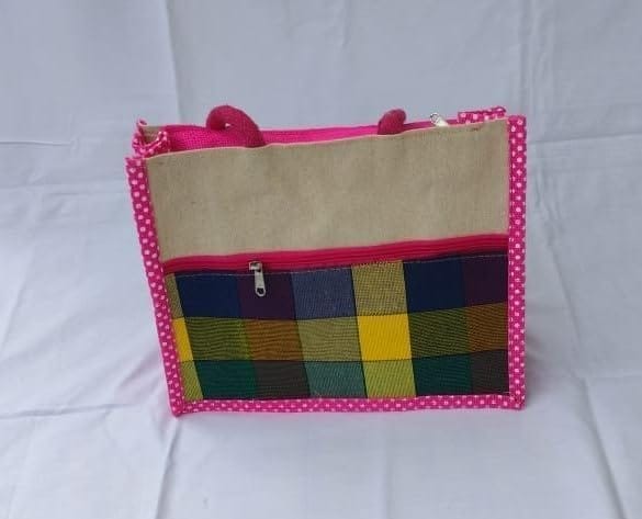 "Jute and Cotton Blend Tote Bag with Zipper Closure and Colorful Checkered Front Pocket"