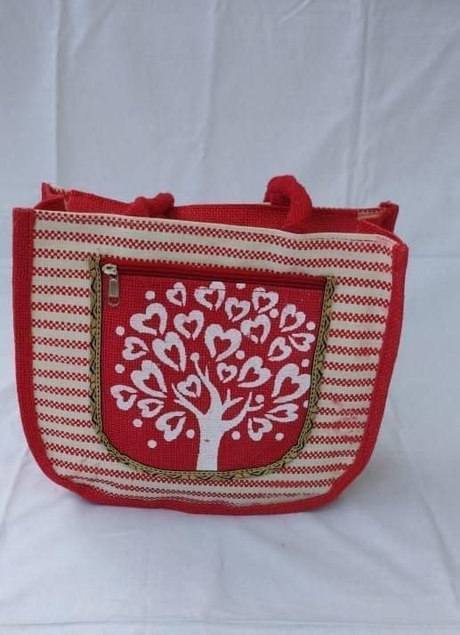 Handbag Red and White Striped Jute Tote Bag