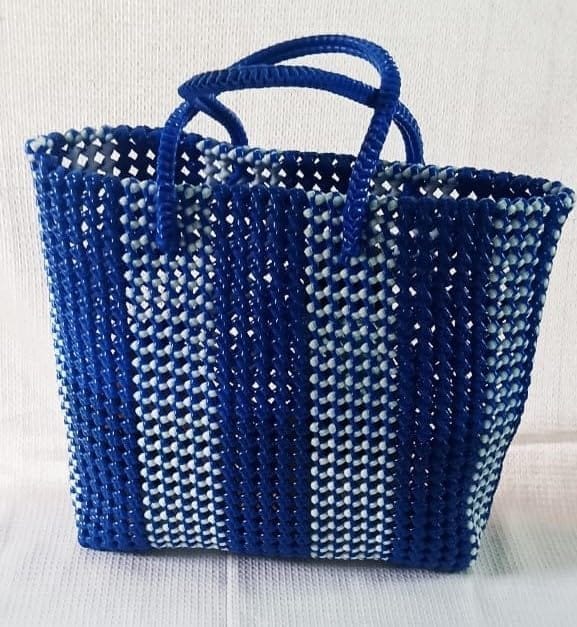 Blue and White Striped Handwoven Market Tote Bag
