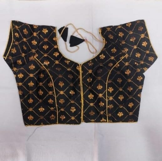 Black and gold embroidered brocade blouse with short sleeves
