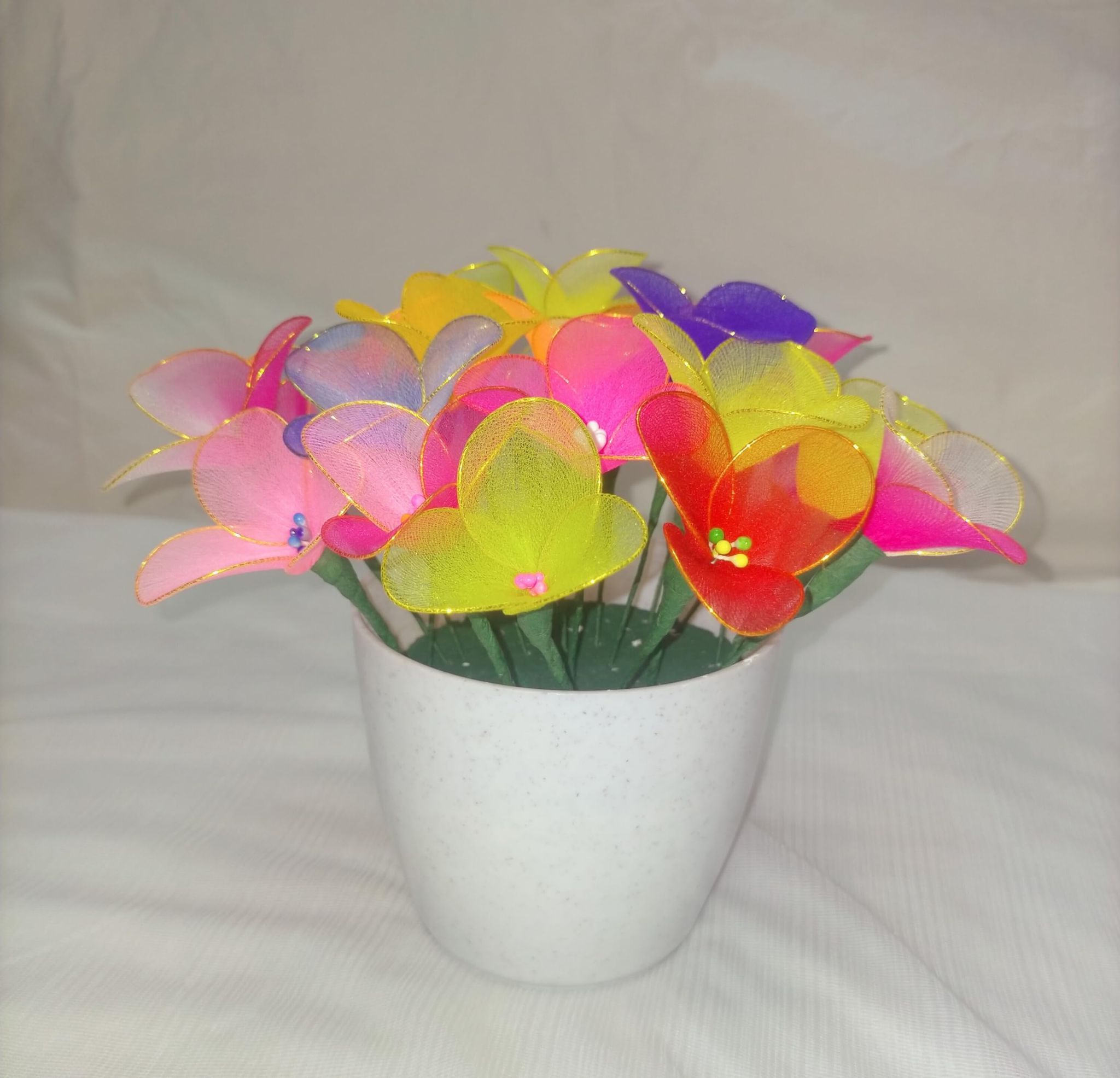 Multi Colour Nylon Flowers with Pot