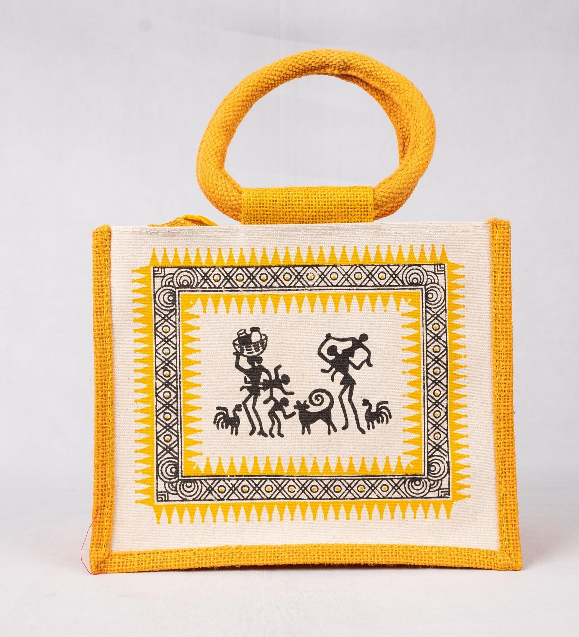 sonchiriya yellow printed jute hand held bag