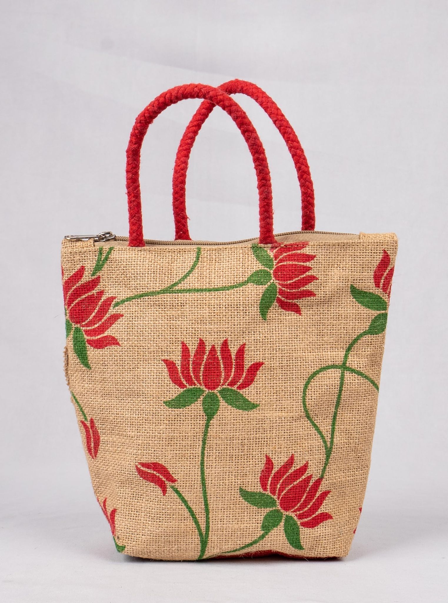 **Jute tote bag with red lotus flower print**