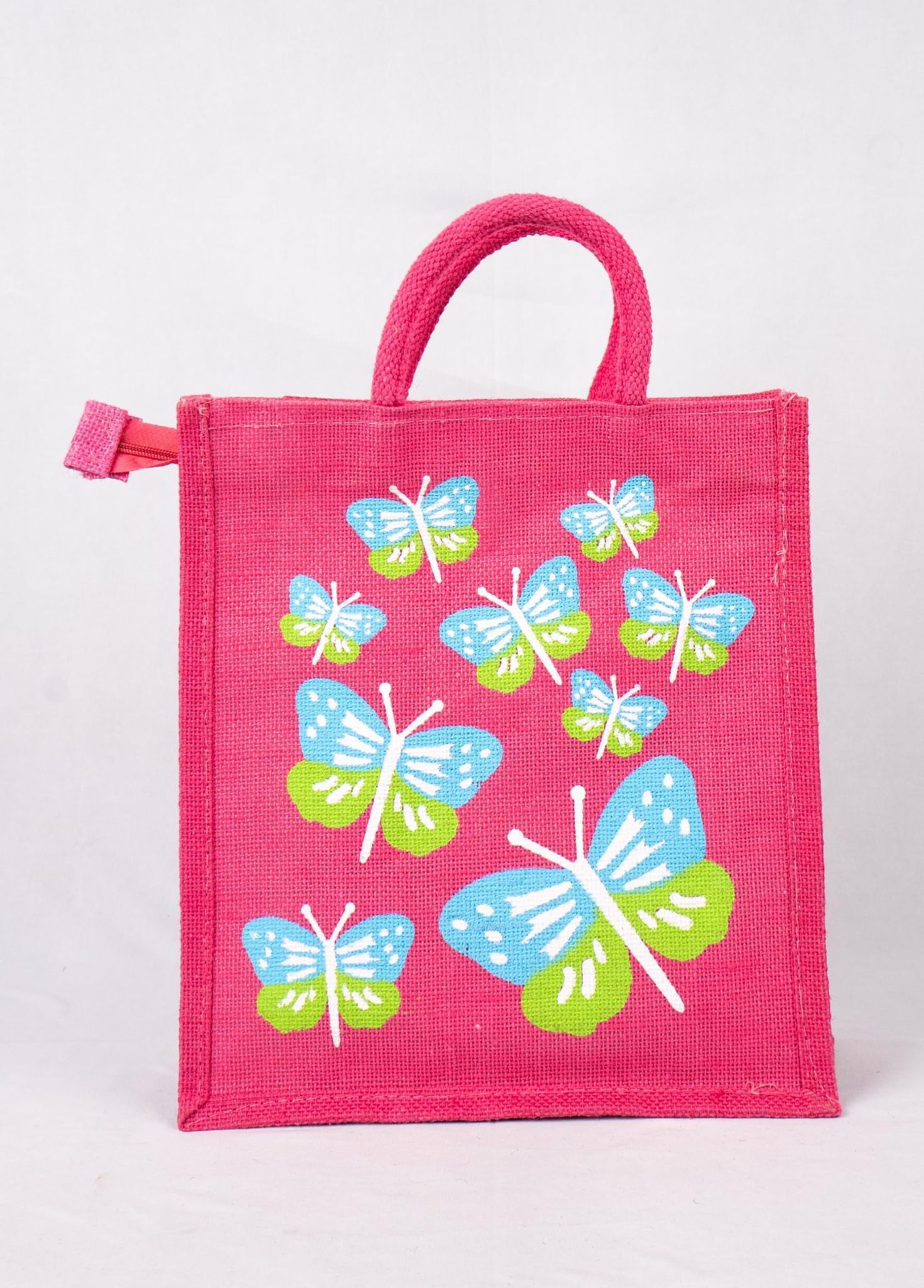 Pink butterfly jute tote bag