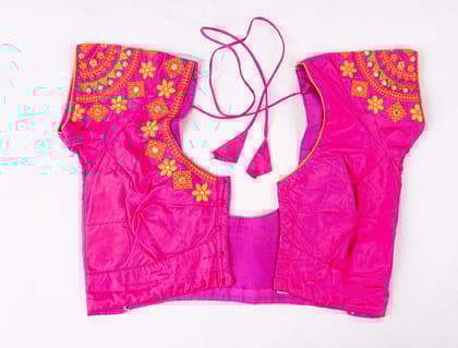 Embroidered Pink Saree Blouse with Mirror Work Embroidered Pink Saree Blouse with Mirror Work