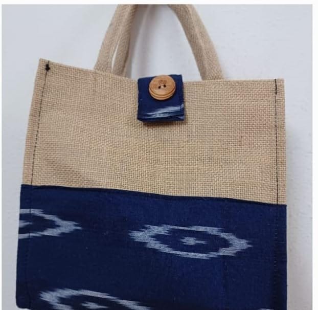 Handmade Jute and Cotton Tote Bag with Blue Geometric Pattern