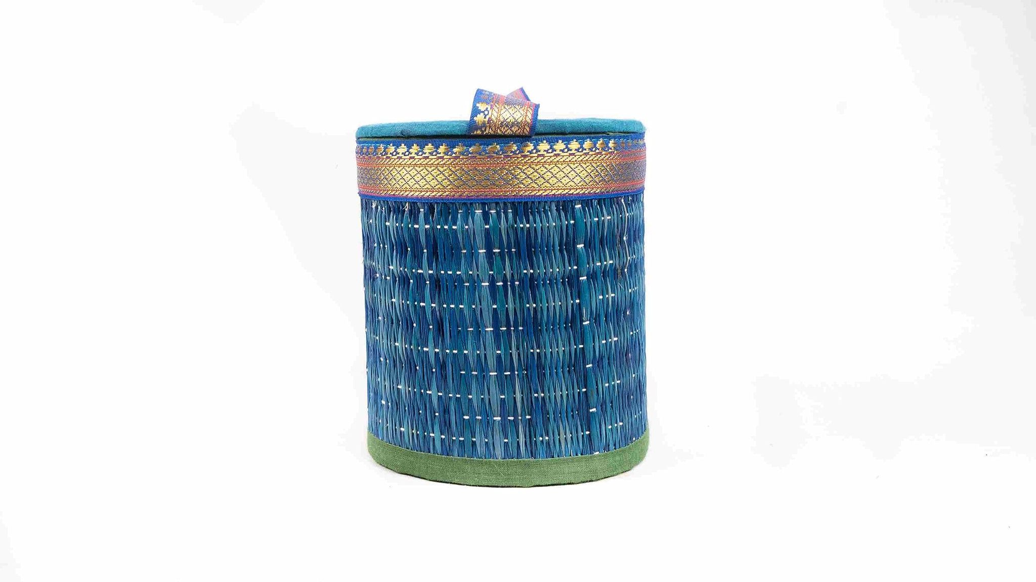 Blue and Green Handwoven Cylindrical Wicker Basket with Lid