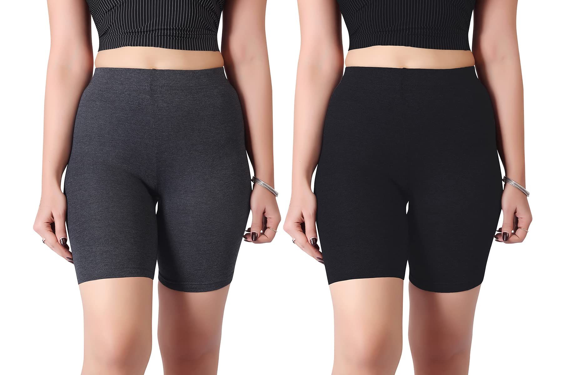 Women worth Cotton Stretchable Cycling Shorts for Girls Combo Pack 2 Knee Length Tights Fit Under Skirts Sports Gym Yoga Running Panties