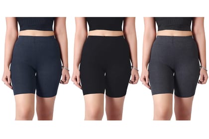 Women WORTH Cotton Stretchable Cycling Shorts for Girls Combo Pack 3 Knee Length Tights Fit Under Skirts Sports Gym Yoga Running Panties