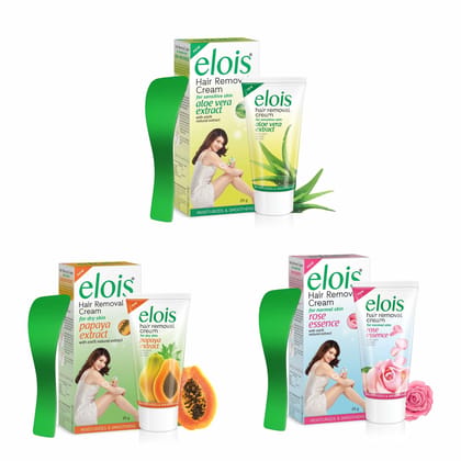 Elois Hair Removal Cream For Women with natural extracts of Aloe Vera, Papaya, and Rose essence for Soft, Smooth, Sensitive & Dry Skin (50 gm Set of 3)