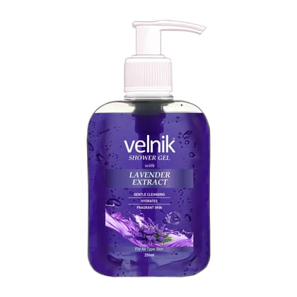 Velnik Shower Gel With Lavender Extract Gentle Cleansing Hydrates Fragrant Skin Body Wash for Women & Men with Skin Conditioners for Radiant Glow & Moisturised Skin, Suitable for All Skin Types 250ml