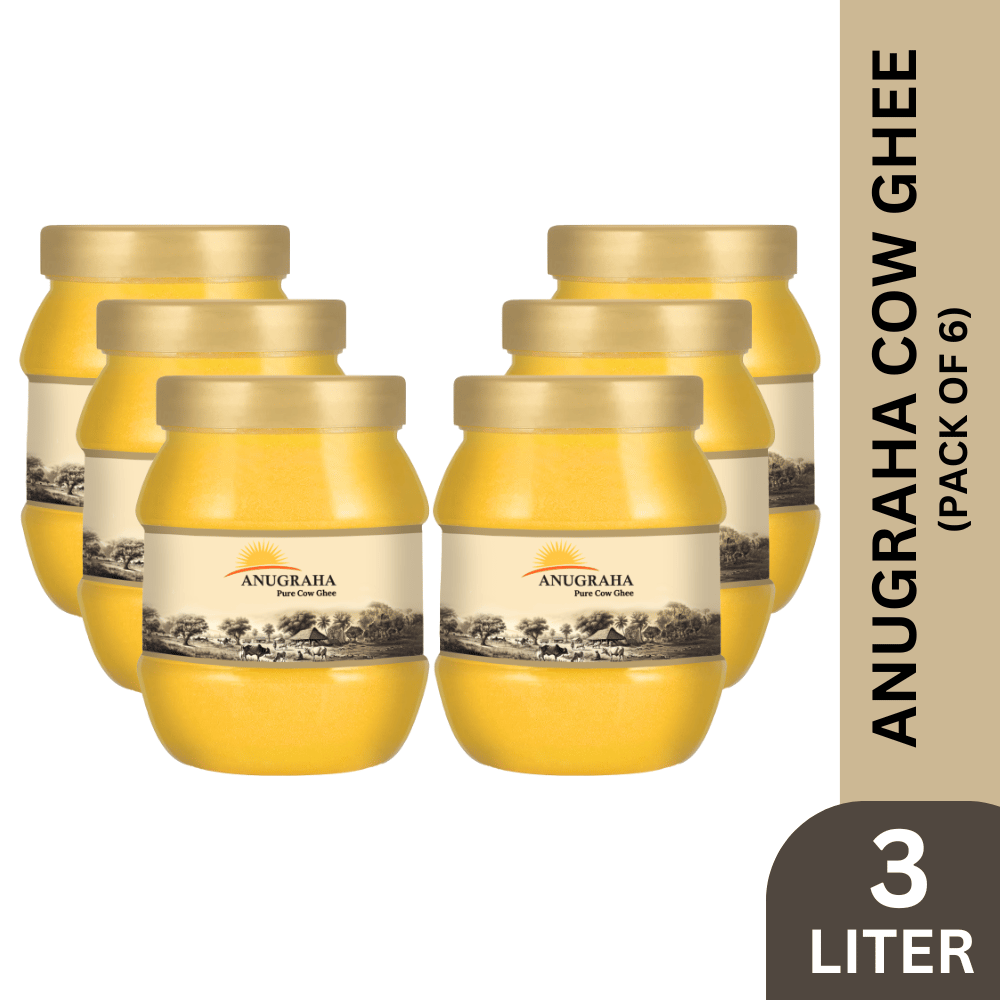 Anugraha Organic Grass-Fed Cow Ghee | Pure Desi Bilona Ghee | Cultured Vedic Ghee | 100% Natural & Traditional&nbsp;Processed (500 ml Pack of 6) - 3 Liters