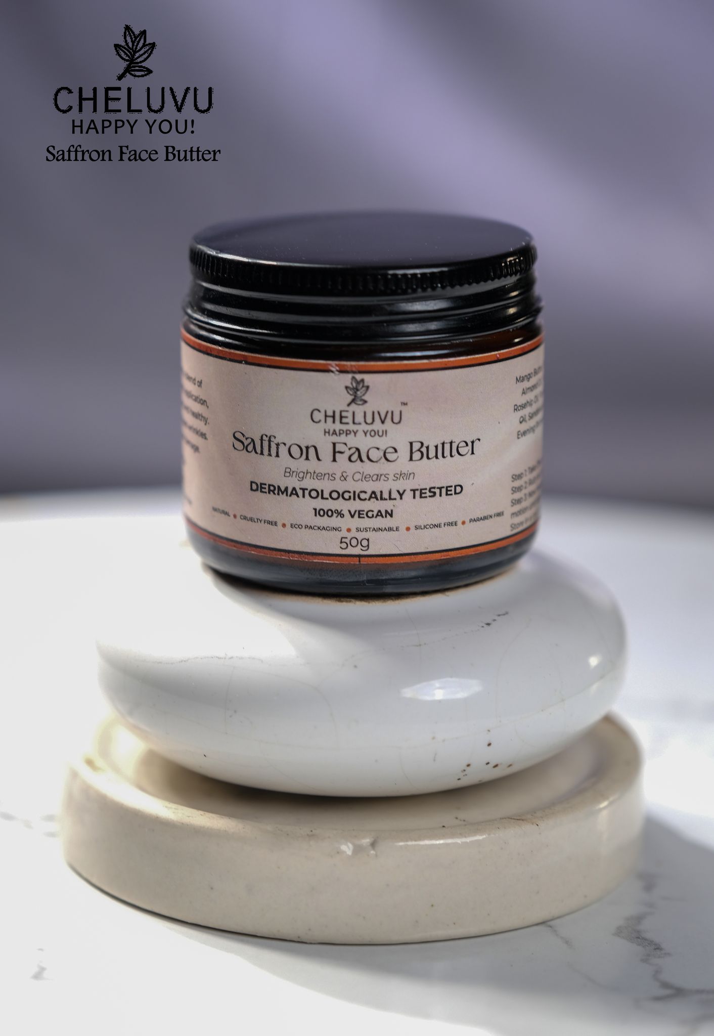 Cheluvu Happy You Saffron Face Butter - 100% Vegan, Dermatologically Tested, Brightens & Clears Skin, 50g
