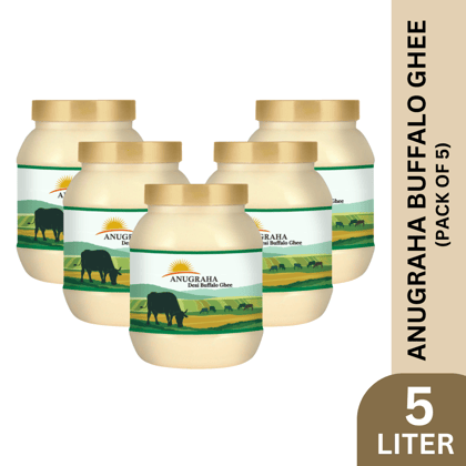 Anugraha Organic Grass-Fed Buffalo Ghee | Pure Desi Bilona Ghee | Cultured Vedic Ghee | 100% Natural & Traditional&nbsp;Processed Anugraha Buffalo Ghee (Pack of 5) - 5 Liters