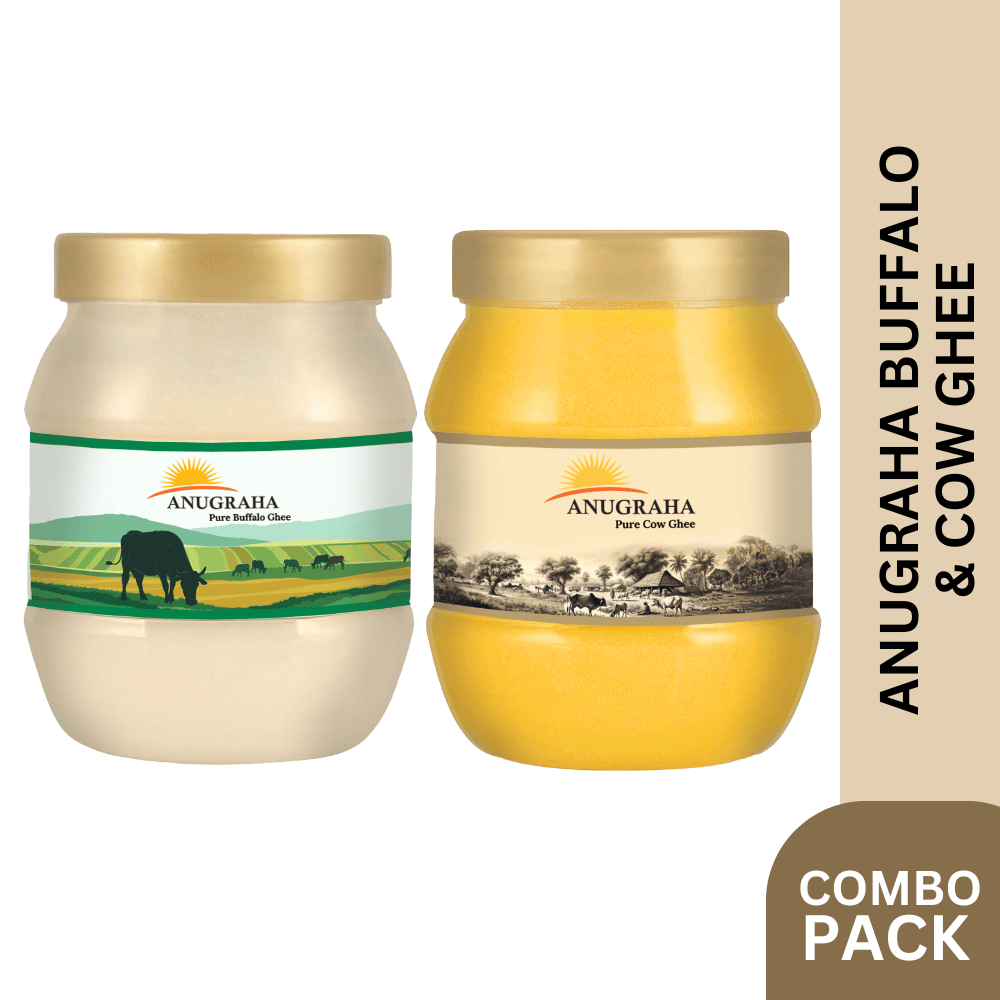 Anugraha Pure Buffalo Ghee and Pure Cow Ghee Combo Pack ( 500 ml pack of 2 ) - 1 liter