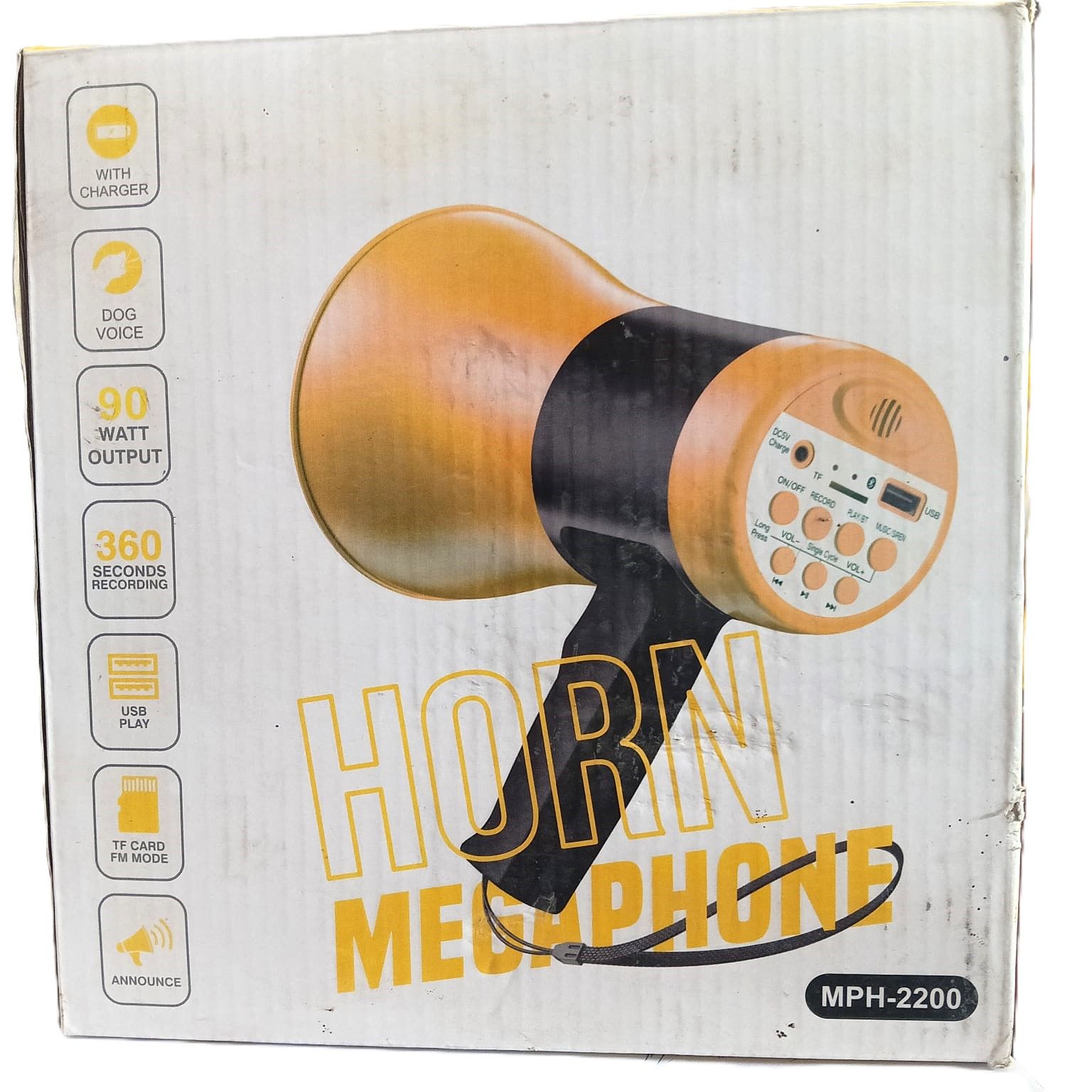  Yellow Megaphone with Charger, Dog Voice, 90-Watt Output, 360-Second Recording, USB Play, TF Card FM Mode, and Announcement Function