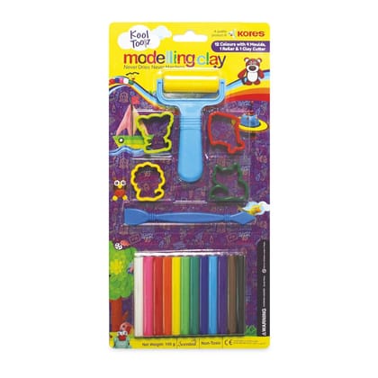Kores Kool Clay | 100 Grams Blister | 12 Vibrant Colour| 4 Moulds | 1 Roller | 1 Cutter| Non-Toxic | Non-Drying | Non-Hardening | Scented Clay| Ideal For Years 3+ Kids | Return Gift Pack .