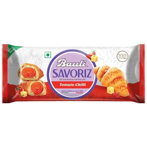 Bauli Savoriz Soft And Delicious Puff Roll With Tomato Chilli, 45G
