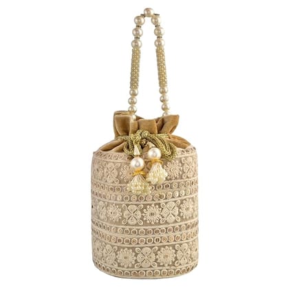 Cream Potli Bag With Pearl Handle Cream Potli Bag With Pearl Handle