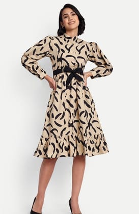Women's Abstract Print Ruffle Hem Shirt Dress with Belt Women's Abstract Print Ruffle Hem Shirt Dress with Belt