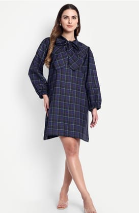 Women's Blue Plaid Long Sleeve Bow Neck Mini Dress Women's Blue Plaid Long Sleeve Bow Neck Mini Dress
