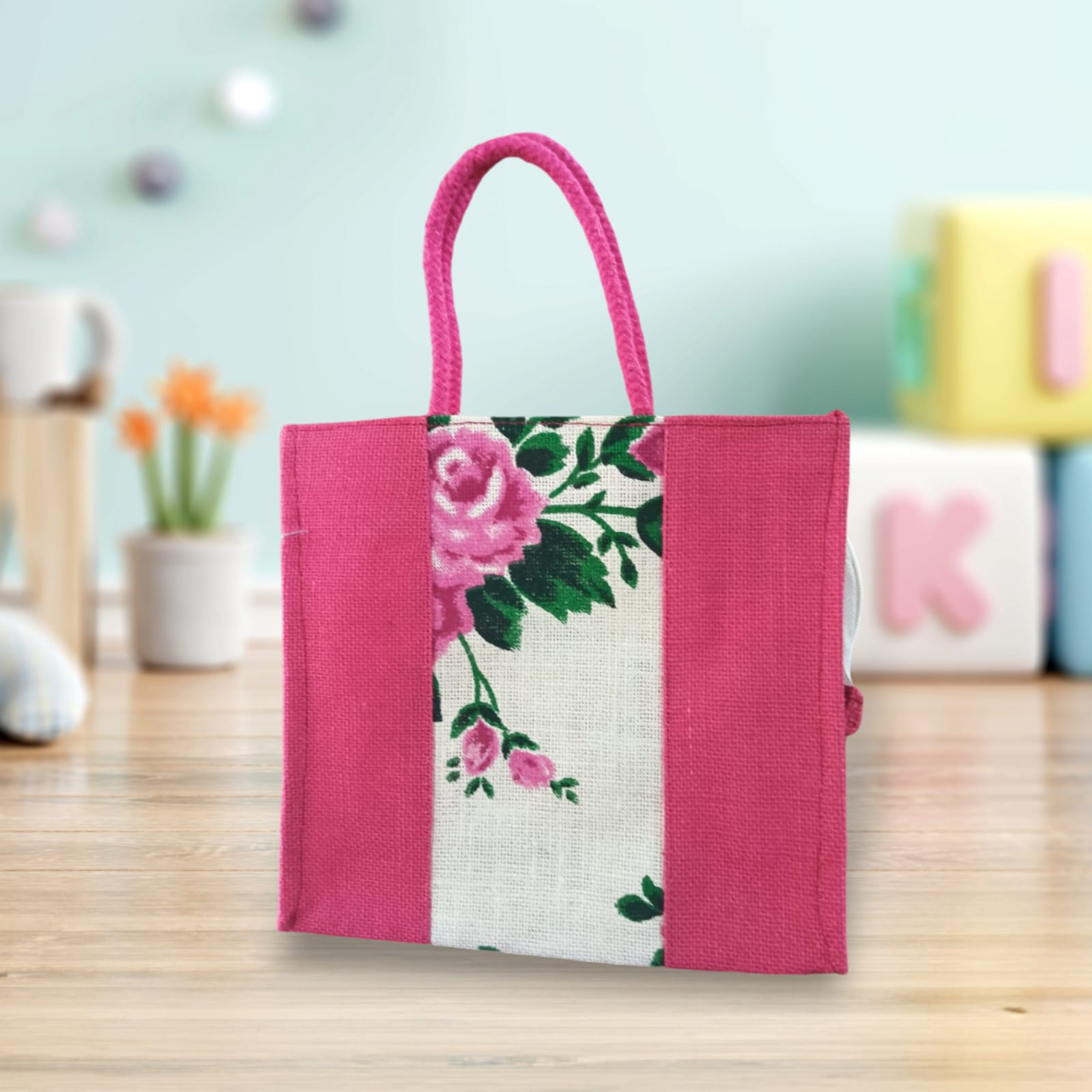 Floral Print Jute Tote Bag with Pink Trim--