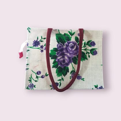 Purple Floral Print Jute Tote Bag
