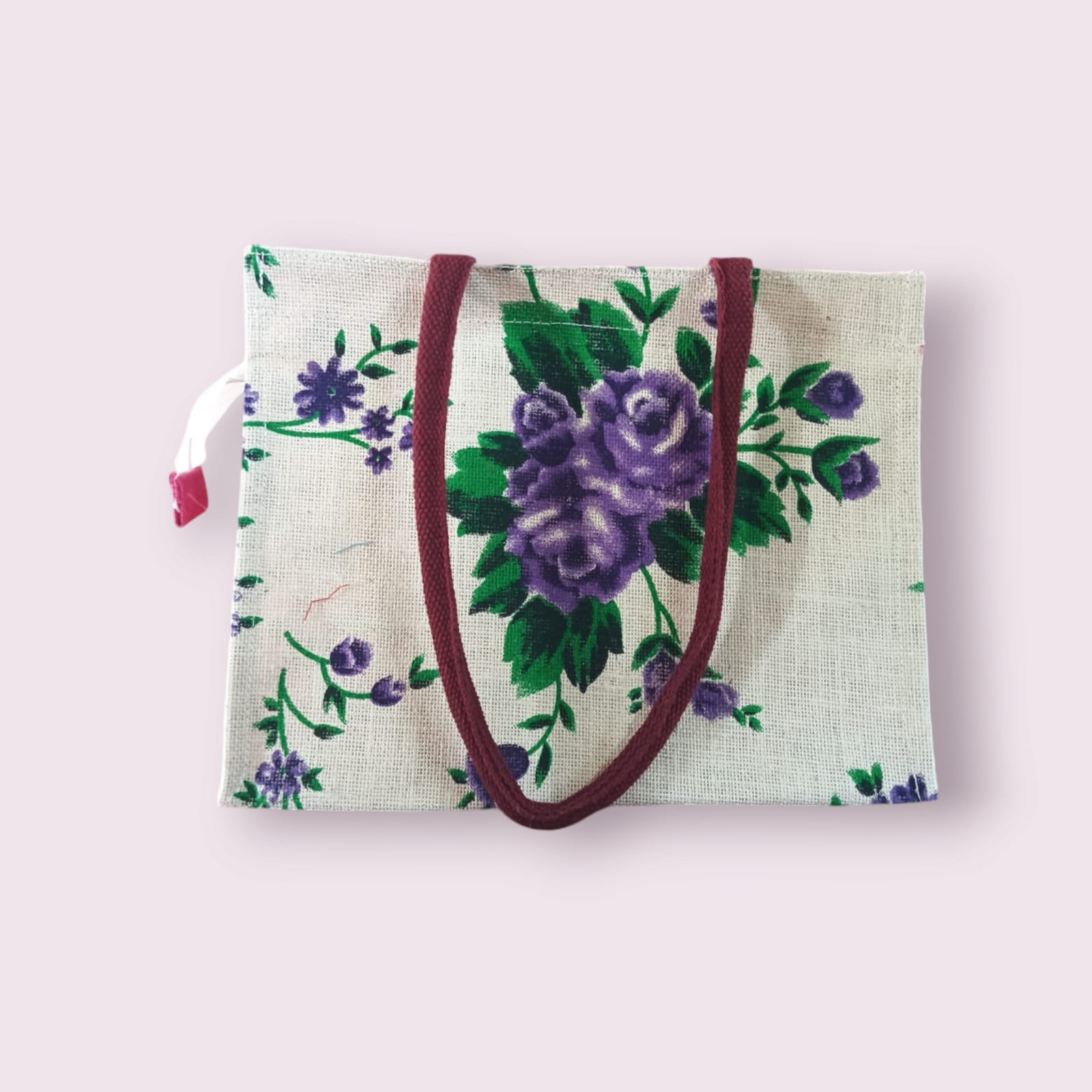 Purple Floral Print Jute Tote Bag