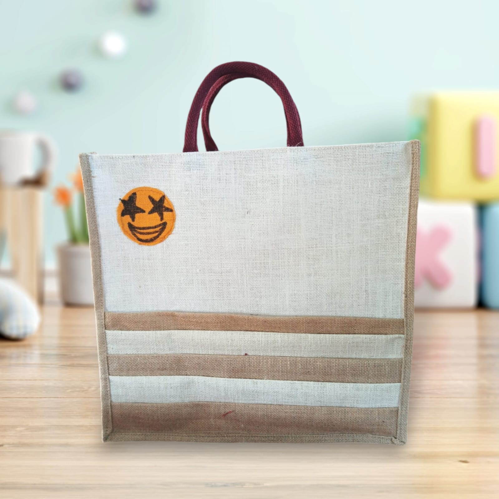 **Jute Tote Bag with Smiley Face**