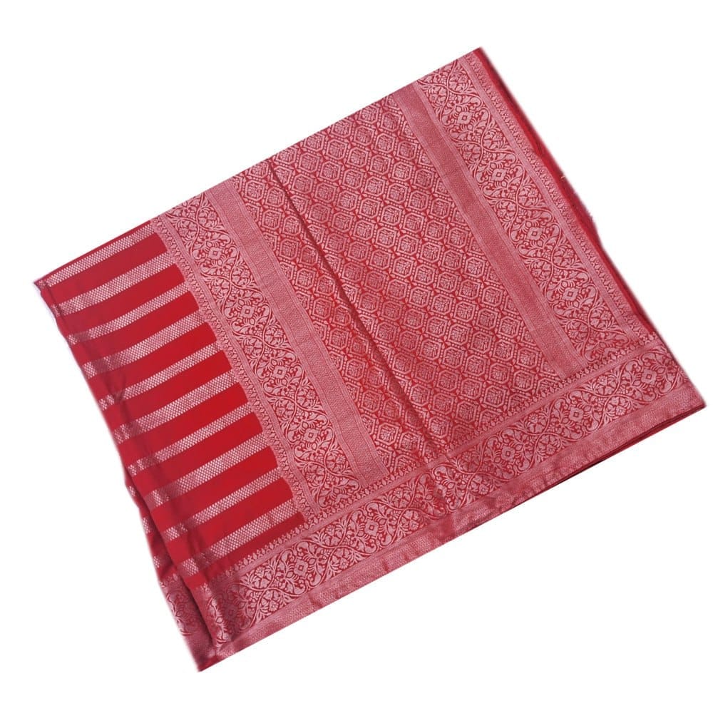 Red and Silver Banarasi Silk Saree With Blouse Piece