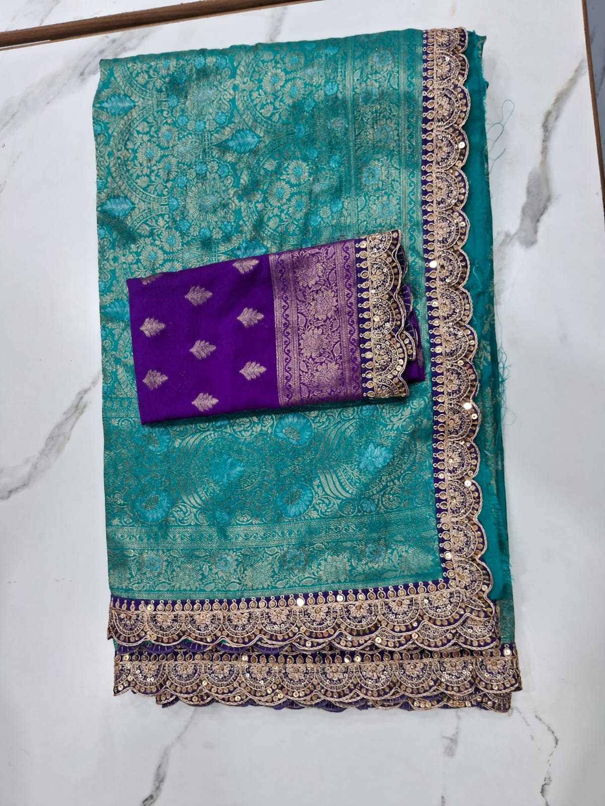 Green Saree With Heavy Zari Border and Blouse
