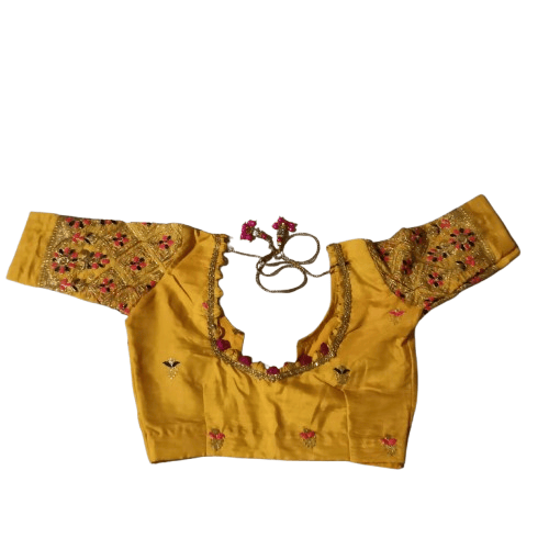 Yellow Hand Embroidered Blouse With Mirror Work