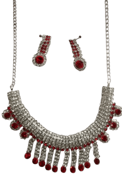 Red and White Rhinestone Necklace and Earring Set