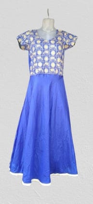 SIMHADRI APPANNA MATCHING CENTER - Blue Cotton Silk Long Flared Ethnic Dress with Elephant Motif Embroidery SIMHADRI APPANNA MATCHING CENTER - Blue Cotton Silk Long Flared Ethnic Dress with Elephant Motif Embroidery