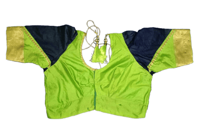 BK Tailoring - Green Cotton Silk Saree Blouse With Blue Contrast Yoke And Elbow Sleeves BK Tailoring - Green Cotton Silk Saree Blouse With Blue Contrast Yoke And Elbow Sleeves