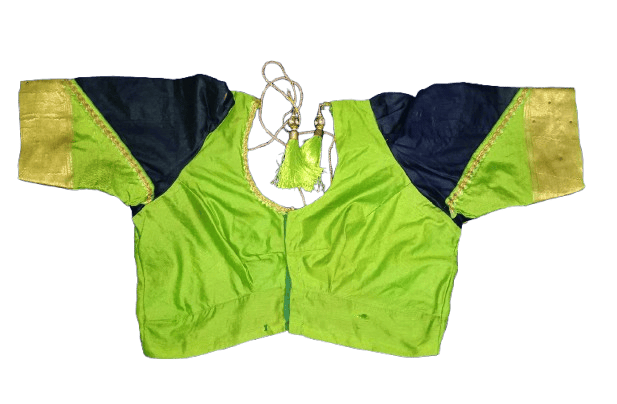 BK Tailoring - Green Cotton Silk Saree Blouse With Blue Contrast Yoke And Elbow Sleeves