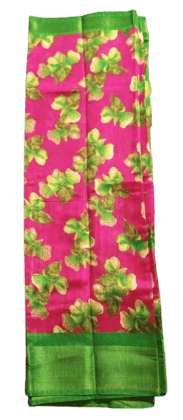 Pink Floral Linen Saree With Green Border Pink Floral Linen Saree With Green Border