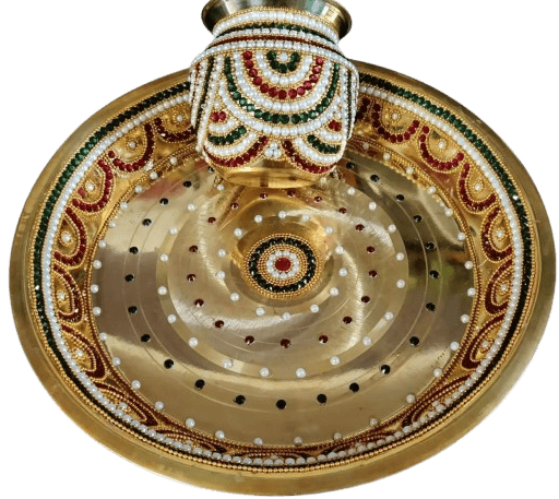 Brass pooja thali set with intricate carving and stone work