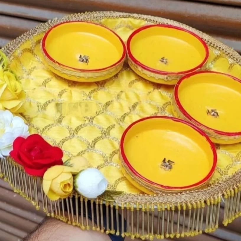 Yellow and Red Haldi Kumkum Plate for Wedding and Pooja